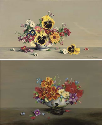 Laurence Biddle : French marigolds, primroses, geraniums, violets and other flowers in a bowl; and Another similar