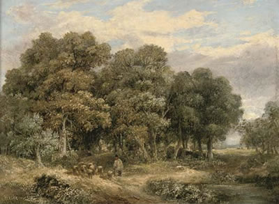 Arthur James Stark : A drover and his flock in a wooded landscape