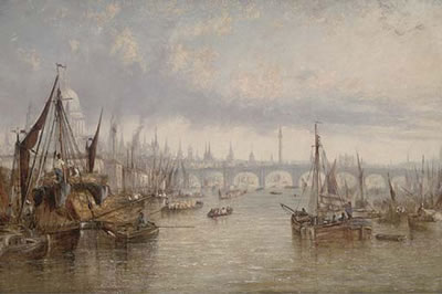 Francis Moltino : Hay barges on the Thames, St. Paul's Cathedral beyond