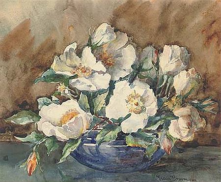 Marion L Broom : Peonies in a glass bowl