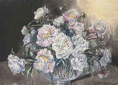 Marion L Broom : Peonies in a glass vase