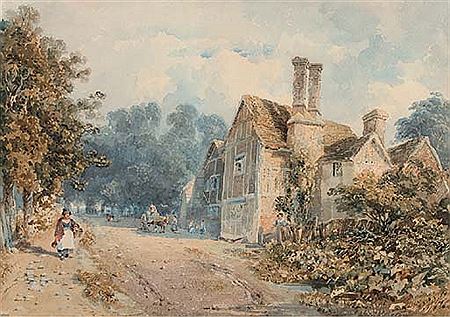 Richard Pratchett Noble : Figures on a country road passing a Tudor manor house