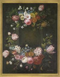 Thomas Webster : Parrot tulips, roses, snow drops and alstroemeria arranged around an alcove, with a cabbage white butterfly; and Roses, parrot tulips, grapes, and raspberries arranged around an alcove, with a red admiral butterfly (2)