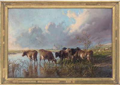 Thomas George Cooper : Cattle watering in a river landscape, a church in the distance