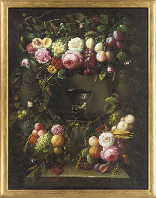 Thomas Webster : Roses, Tulips, Peonies, Grapes, Lemons and Butterflies, With a Roemer on a Ledge; and Roses, Grapes, Peaches, Thistles and Corn, With a Roemer on a Ledge (Pair)