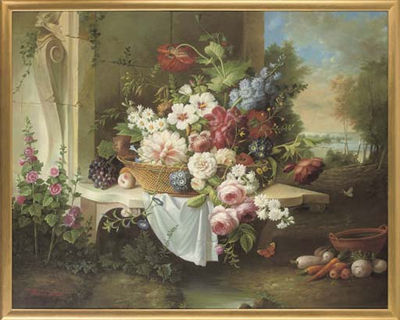 Thomas Webster : Roses, Peonies, Daisies and Other Flowers in a Basket, on a Ledge, a Landscape Beyond