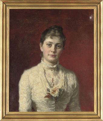 Carl Wentorf : Portrait of Mrs H. Wichfeld (1849-1907), quarter-length, in a brown suit and green hat, a woodland beyond; and Portrait of E. Wichfeld Esq., quarter-length, in a white lace dress with a yellow rose