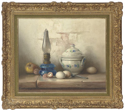 Robert Chailloux : An apple, walnuts, eggs, oil lamp and soup tureen on a stone ledge