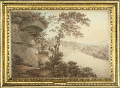 Thomas Hearne : A view down the River Avon, near Bristol, with anchored shipping in the distance