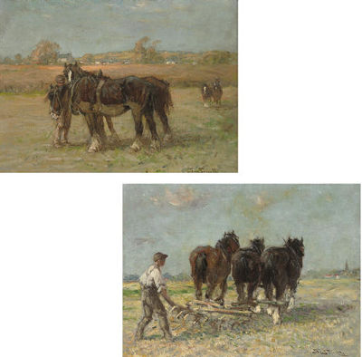 George Smith : Ploughing the fields; and Shire horses in a field (pair)