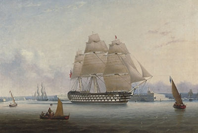 Robert Strickland Thomas : H.M.S. Britannia leaving Valetta to return home to Portsmouth in 1850