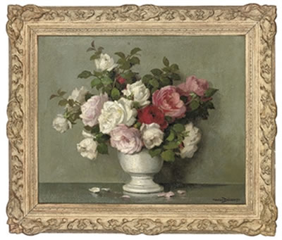 Maurice Decamps : Pink and white roses in a vase