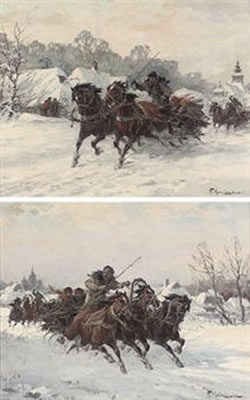 Wladyslaw T Chmielinski : Troicas racing through the snow; and another similar (a pair)