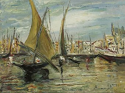 Ermenegildo Agazzi : Fishing boats moored at the harbour; and Fishing boats at a quay