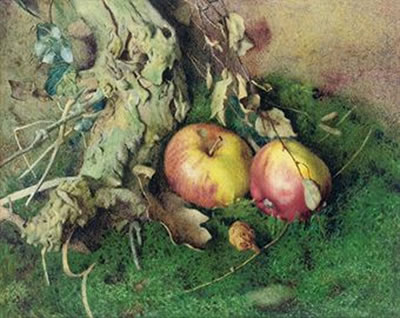 Percy Brooke : Still life of apples, a tree stump and ivy on a mossy bank