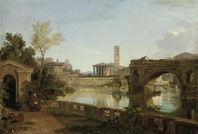 Penry Williams : A view on the Tiber looking towards the Palantine Hill with Santa Maria in Cosmedin and the Temple of Vesta