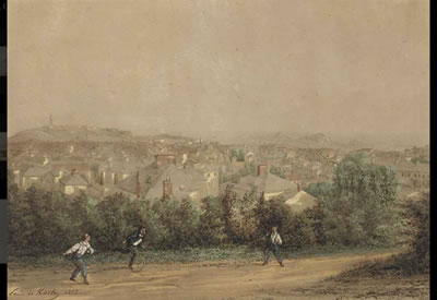 Louis Evrard Kock : Boys playing on a lane above St. Helier with Fort Regent and Elizabeth Castle beyond