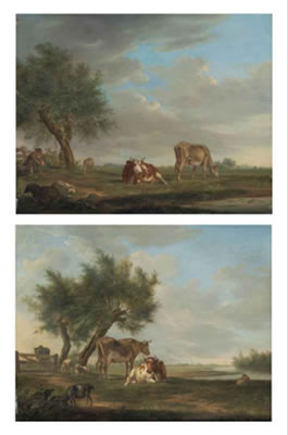 Johannes Janson : A wooded landscape, a shepherd with sheep and cattle by a pond; and A wooded, river landscape with cattle, sheep and a goat