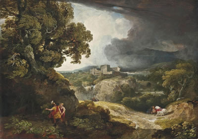 George Arnald : A classical landscape with Dido and Aeneas sheltering from the storm, Carthage beyond