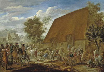 Lambert de Hondt : Farmers threshing corn before a thatched barn