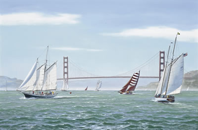 Richard M Firth : The Great San Francisco Schooner Race: Brigadoon, Kaiulani, Aldebaran, Yankee and Condessa Del Mar running before the Golden Gate Bridge