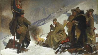 Francis Owen Salisbury : King Peter of Serbia retreating across the Albanian Mountains, 1915 (2)