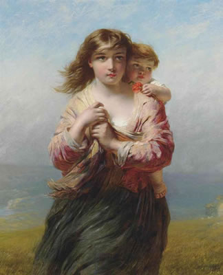 James John Hill : Mother and child on a hillside overlooking the sea