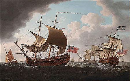 Francis Swaine : A British warship in three positions in the Channel