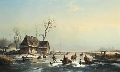 Louis Smets : Skaters on a Dutch waterway by a riverside town