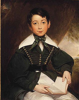 William Edward Frost : PORTRAIT OF A YOUNG BOY, SEATED, THREE-QUARTER-LENGTH, IN A GREEN JACKET AND CRAVAT