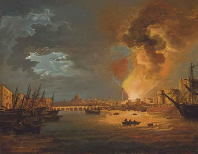 William II Sadler : A capriccio of London, with the burning of the Custom House, 1814