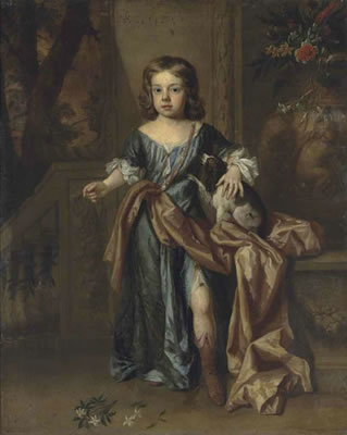 Sir Godfrey Kneller : Portrait of Francis, 2nd Earl of Godolphin (1678-1766), as a boy, full-length, in a blue dress, with a spaniel