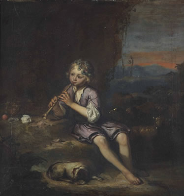 Simon Van Der Does : A rocky landscape with a young shepherd playing a flute