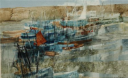 Frederick Donald Blake : Abstract study of boats in a harbour