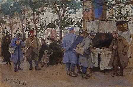 Mary Ethel Young Hunter : Soldiers at a Parisian News Stand