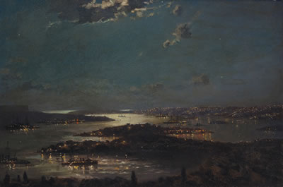 John Allcot : Naval Fleet in Sydney Harbour at Night 1916