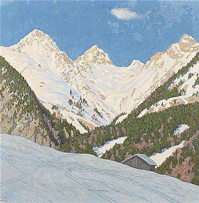 Alexander Weise : Verschneite Alpenlandschaft unter blauem Himmel.