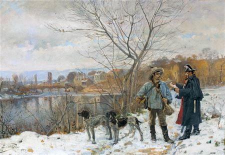 Edouard Castres : Gendarme et braconnier devant l'Arve et le pont de Carouge.