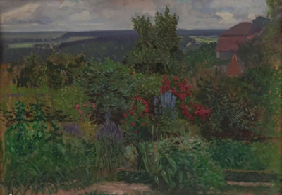 Wilhelm Legler : Blühender Sommergarten mit Blick in weite Landschaft