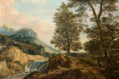 Roeland Roghman : Wide mountainous landscape with a torrent and a shepherd and his flock