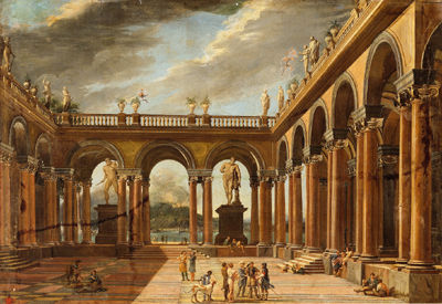 Viviano Codazzi : Architectural capriccio with colonnades and a view of Mount Vesuvius