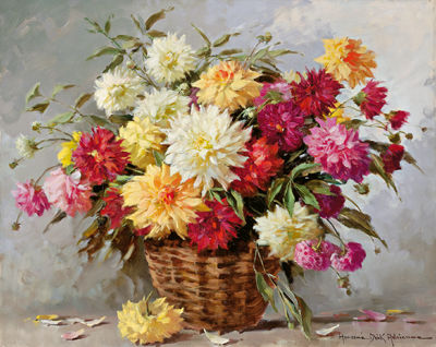 Adrienne Deak Henczne : Large Flower Piece with Asters in a Basket