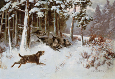 Otto Scheuerer : A Dog Chasing Boar in the Forest