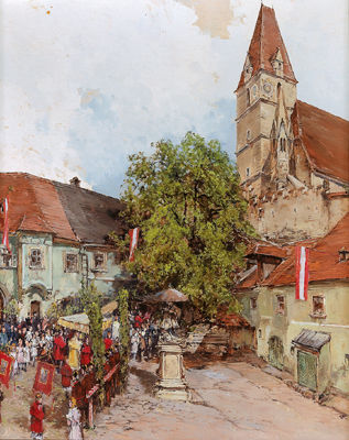 Otto Elsner : 'Market Square in Weissenkirchen in the Wachau with a Corpus Christi Procession'