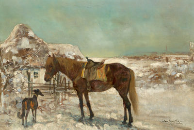 Juliusz Holzmuller : Horse and Dog Resting Before an Inn