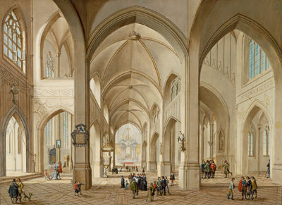 Johann Friedrich Morgenstern : Interior of a Gothic church with numerous figures