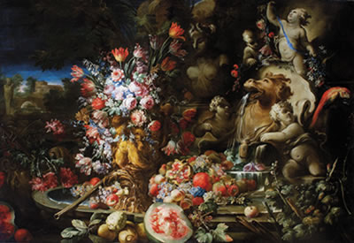 Abraham Brueghel Llamado Ryngraaf : Zwei monumentale Stillleben mit Früchten und Blumen; Coppia di nature morte di fiori e frutta