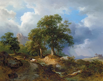 Joseph Hoger : Shepherdess with her herd on the way home before an approaching storm, castle ruins in the background