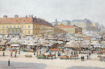 Rudolf Schmidt : 'Naschmarkt with the Freihaus and the Bärenmühle'