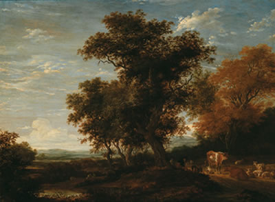 Jacob Salomonsz van Ruysdael : Cattle and travellers resting under a large tree in a wide landscape